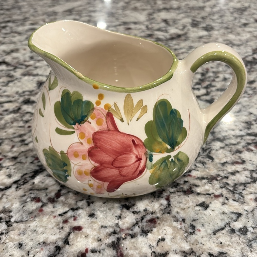 Vintage Hand Painted Portugal Pitcher P3315 Cream w/ pink flower